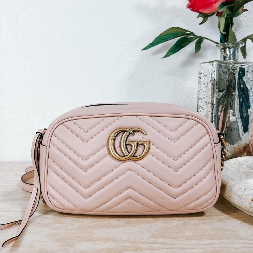 Gucci Pink Marmont Camera Chevron Quilted Crossbody Bag